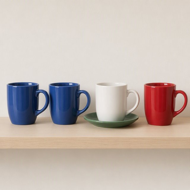 Exactly four ceramic mugs sit on a pale wooden shelf: two blue mugs on the left, one white mug in the center, and one red mug on the right. A green saucer is beneath the center mug, nothing else. — GPT Image 2