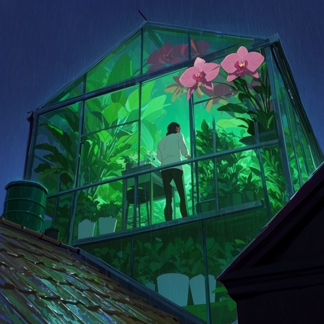 Rain beads on a rooftop greenhouse as an adult botanist studies luminous night-blooming orchids beneath glass panes; cel-shaded anime illustration in digital paint, palette of jade, magenta, indigo, and warm amber. — Krea 2 Large