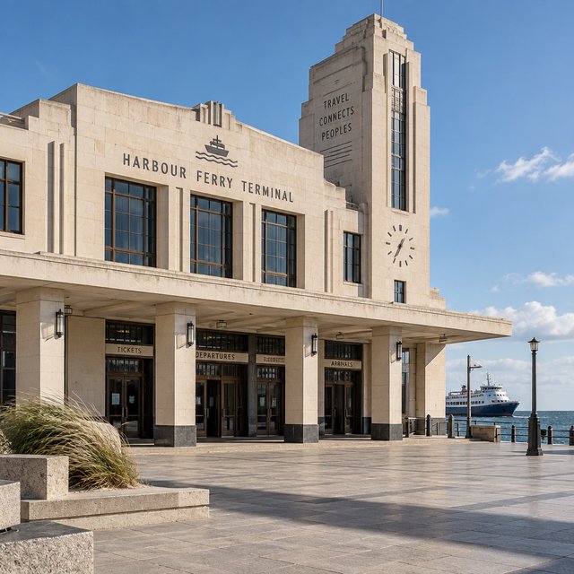 Exterior of a coastal Art Deco ferry terminal, cream limestone, dark bronze window frames, stepped geometric tower and sheltered arcade, late-morning sunlight casting sharp shadows, viewed from across a windswept stone forecourt, realistic architectural photography with precise lines and plausible structure. — GPT Image 2.5 Sunburst