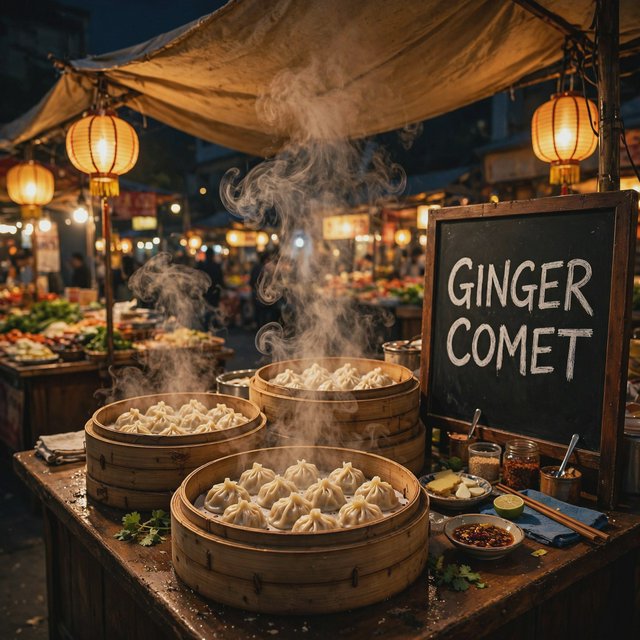 Steam curls above baskets of dumplings at a lively night-market stall, lantern light warming its canvas canopy; "GINGER COMET" is chalked in bold white letters on a blackboard beside the serving counter. — Muse Image 1.0