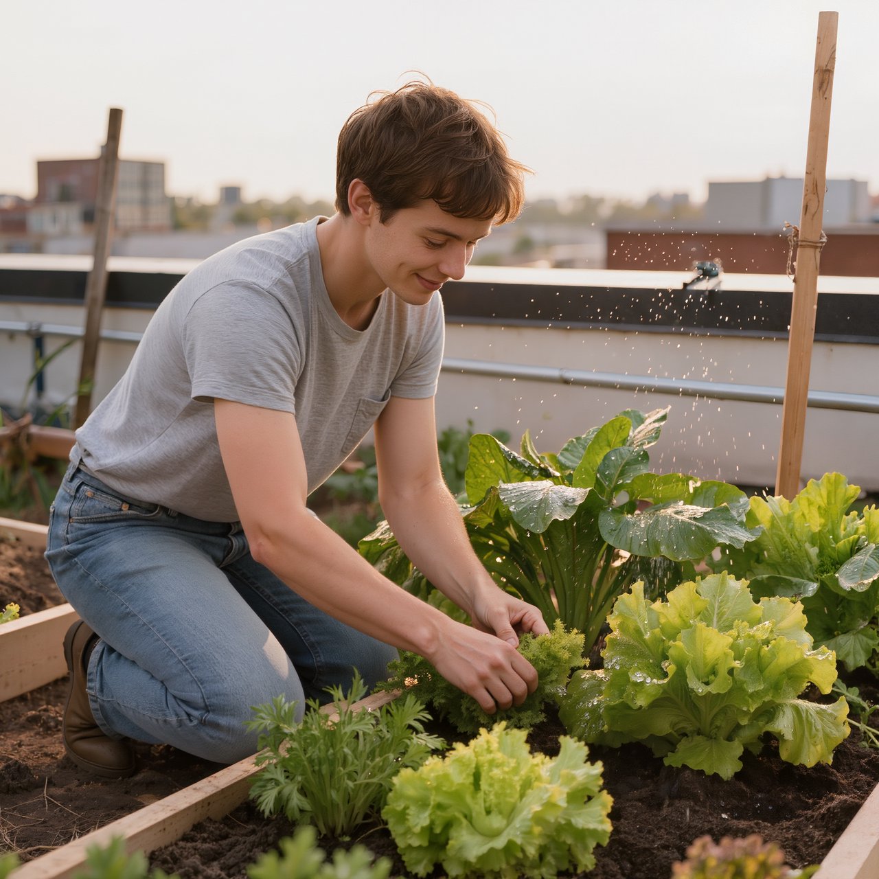 Candid documentary photograph of an adult tending a rooftop vegetable garden in the late afternoon, soft side light, 50mm lens with moderate depth of field, water droplets glinting on freshly watered leaves. — Kling v3