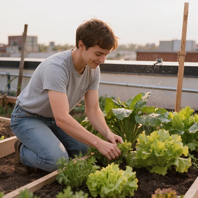 Candid documentary photograph of an adult tending a rooftop vegetable garden in the late afternoon, soft side light, 50mm lens with moderate depth of field, water droplets glinting on freshly watered leaves. — Kling v3