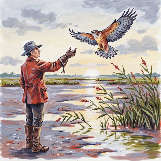 Ink-and-gouache illustration of an adult falconer releasing a hawk above a salt marsh, reeds bending in the wind and tidal pools catching sunset. Palette of rust, moss green, pale gold, and slate blue, with lively brushwork. — Ideogram v4.5
