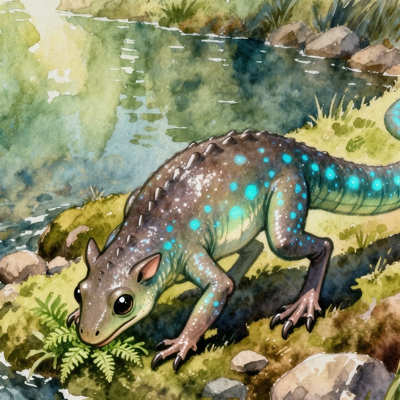 Creature design: a six-legged amphibious grazer with bioluminescent markings, shown on a riverbank, painterly. — Kling v3 Omni