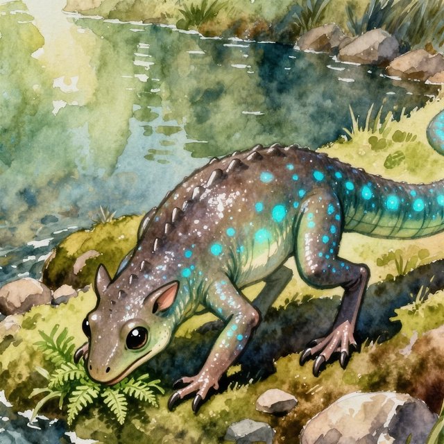 Creature design: a six-legged amphibious grazer with bioluminescent markings, shown on a riverbank, painterly. — Kling v3 Omni