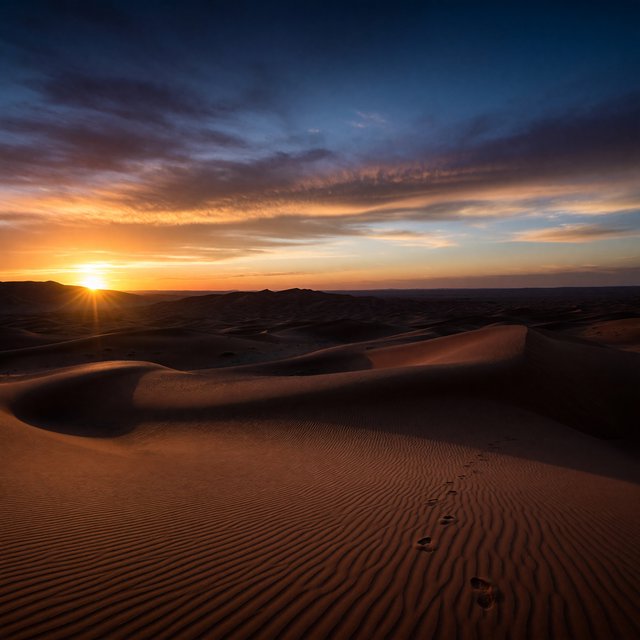 Sand dunes at sunset with wind-blown ridges, one set of footprints, deep blue sky fading to orange. — ImagineArt 1.5 Pro