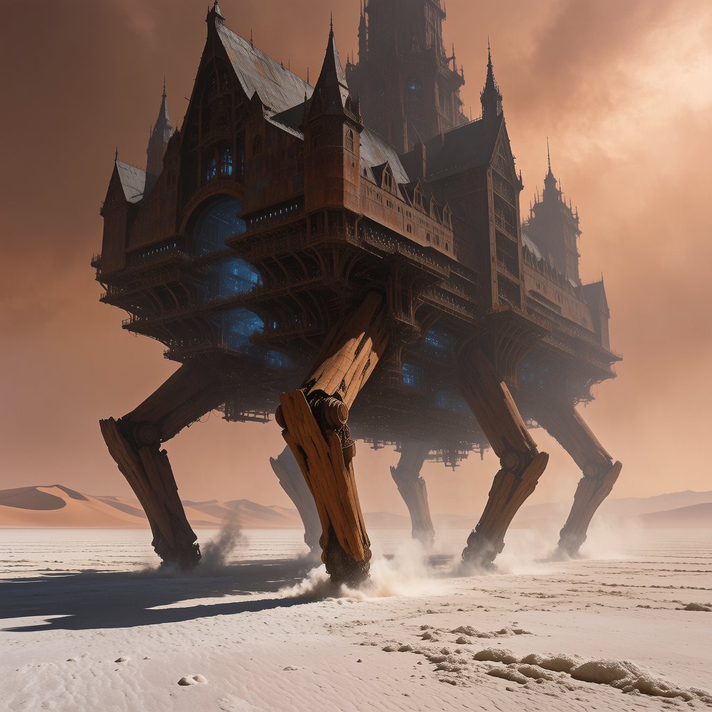 A colossal walking citadel crosses a salt desert, its ironwood legs striding through windblown dunes beneath a copper storm. Blue furnace light leaks from carved windows, casting a long shadow toward distant mountains. — Krea 2 Medium