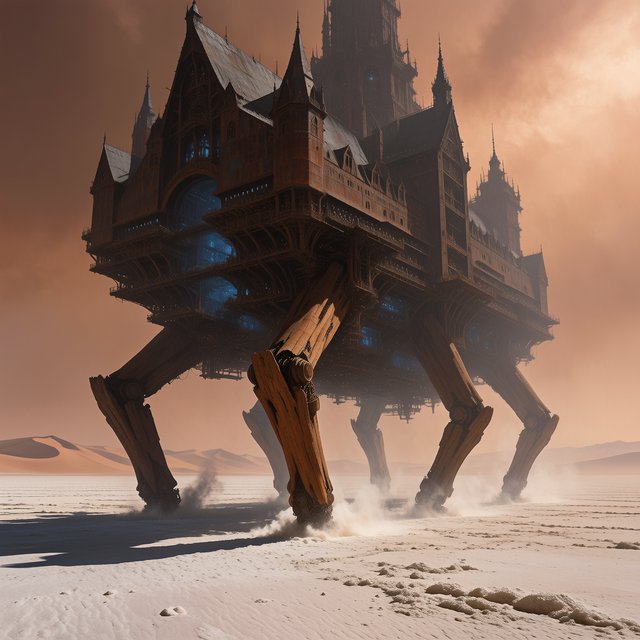 A colossal walking citadel crosses a salt desert, its ironwood legs striding through windblown dunes beneath a copper storm. Blue furnace light leaks from carved windows, casting a long shadow toward distant mountains. — Krea 2 Medium