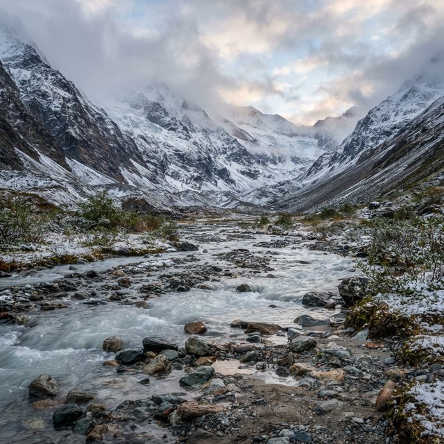 Beyond a braided glacier-fed stream, a steep moraine valley opens beneath clearing dawn snow flurries; gritty ice grains and water-polished stones sharpen the near bank, while layered ridges fade into cloud. — Model 16