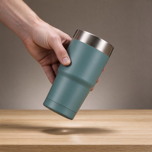 An adult hand lifts an unbranded insulated travel mug, its matte sea-glass polymer body and brushed-steel rim catching softbox highlights above a pale oak counter; warm gray studio backdrop, broad diffused key and cool edge light, no face or lettering. — Seedream 5.0 Flash