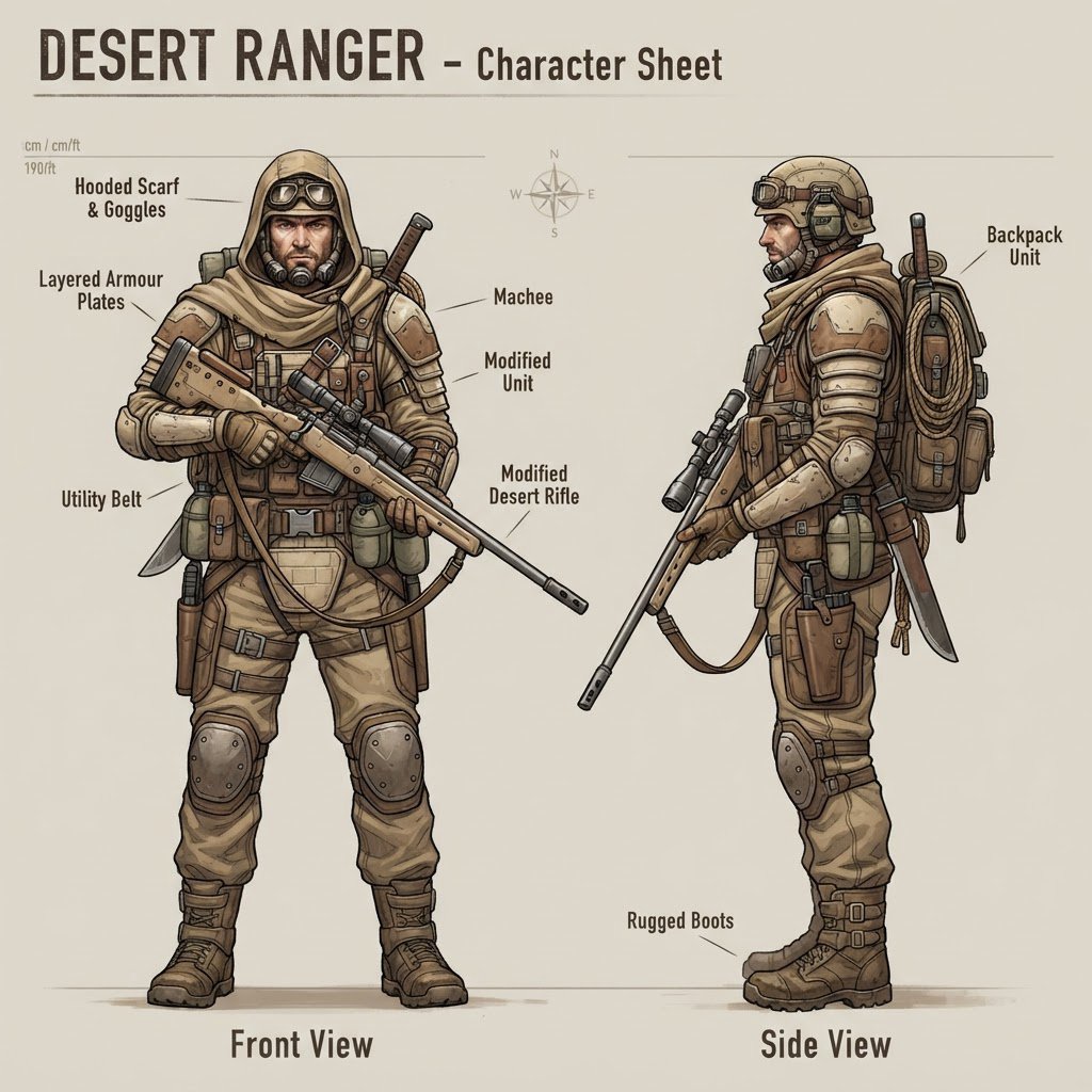 Character design sheet of a desert ranger in layered sand-coloured armour with a long rifle, front and side view, neutral background. — Nano Banana 2 Lite