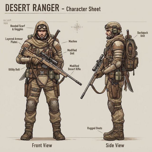 Character design sheet of a desert ranger in layered sand-coloured armour with a long rifle, front and side view, neutral background. — Nano Banana 2 Lite