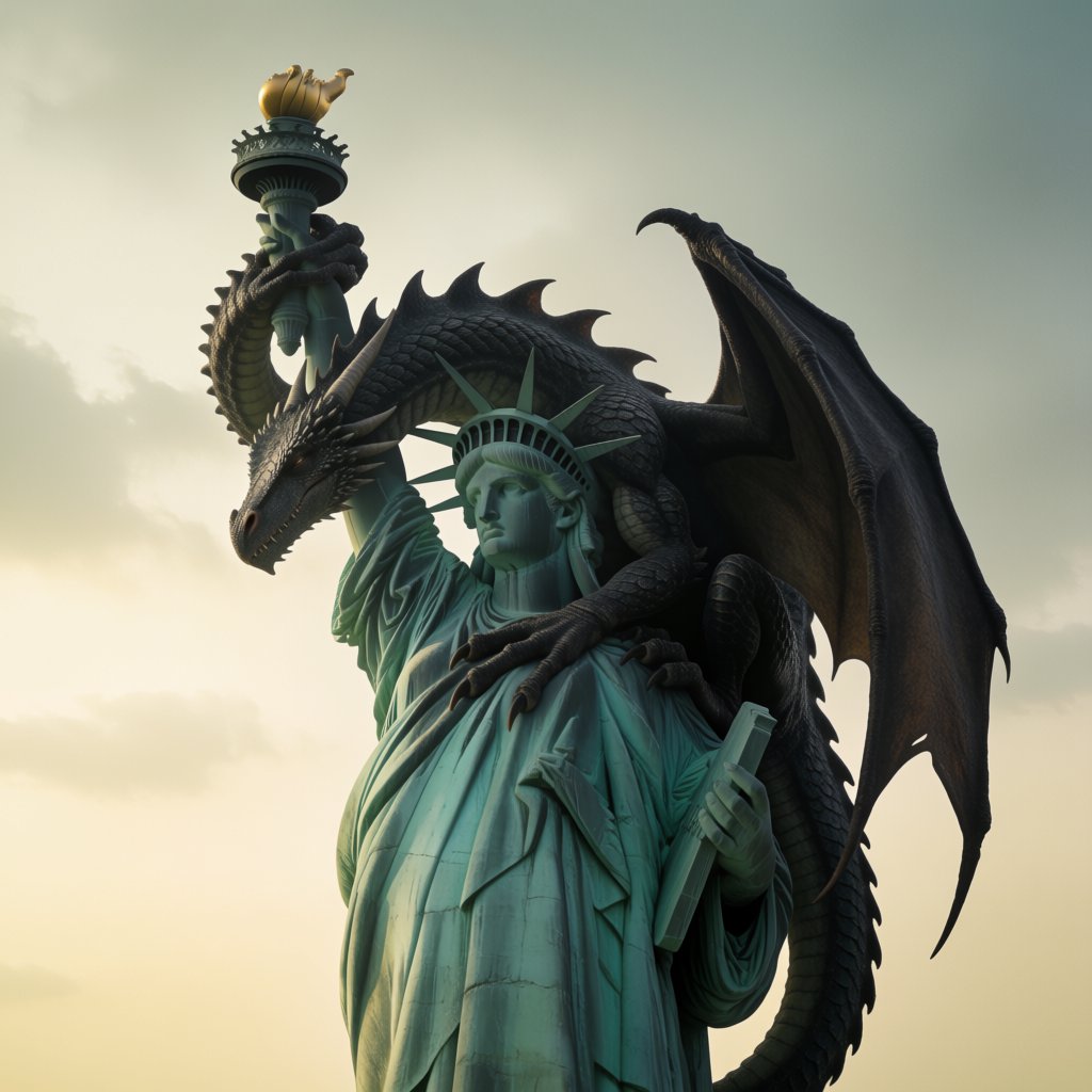 A dragon sleeping on the Statue of Liberty on a moody, overcast day. — Krea 2 Medium