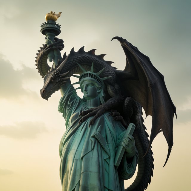 A dragon sleeping on the Statue of Liberty on a moody, overcast day. — Krea 2 Medium