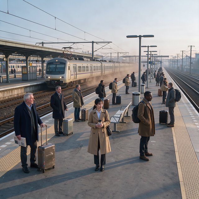 Across a broad station platform, adult commuters wait in loose clusters as a train approaches through pale dawn haze. A real-world press photograph uses a 135mm lens and deep focus; fine brake dust hangs in the sunlit air. — FLUX 3 Image