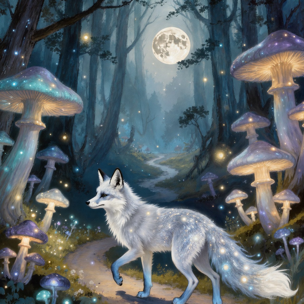 A solitary fox with fur like molten moonlight walks through an ethereal forest. Towering, bioluminescent fungi illuminate the path, casting an otherworldly glow. The style is reminiscent of early 20th-century magical realism, with bold, gestural brushstrokes akin to abstract expressionism, and a watercolor-like diffusion of light. — Kling v3 Omni