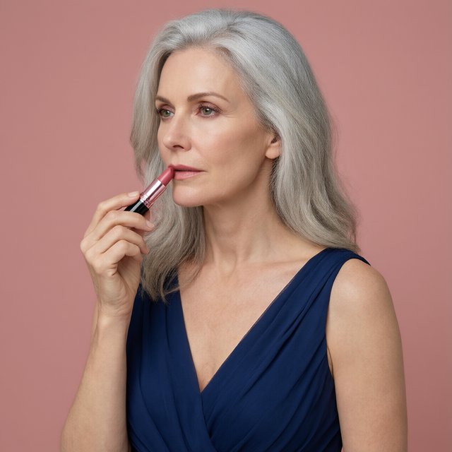 A silver-haired adult woman in a midnight-blue evening gown pauses with lipstick freshly applied, her composed gaze turned slightly aside; diffused rose studio light defines her face and shoulders, with restrained makeup and the polished finish of a fashion magazine. — Model 17