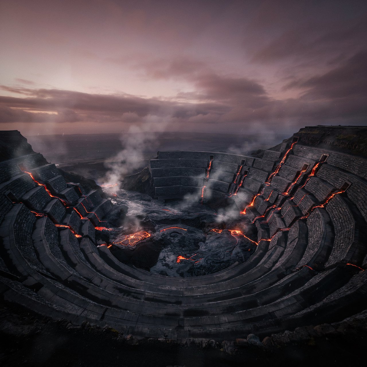 A colossal ring-shaped dam bridges a volcanic caldera, its black stone spillways veined with molten light. Rain veils the terraces as steam rises into a bruised dusk sky. — Ideogram v4.5