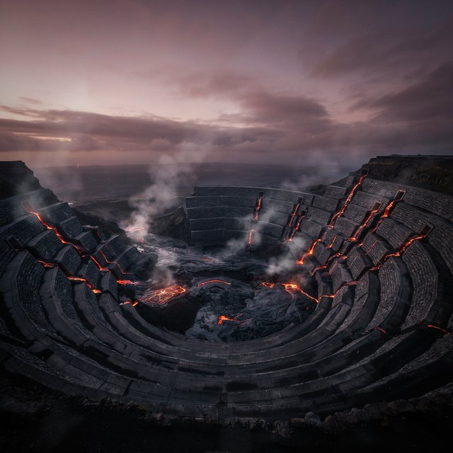 A colossal ring-shaped dam bridges a volcanic caldera, its black stone spillways veined with molten light. Rain veils the terraces as steam rises into a bruised dusk sky. — Ideogram v4.5
