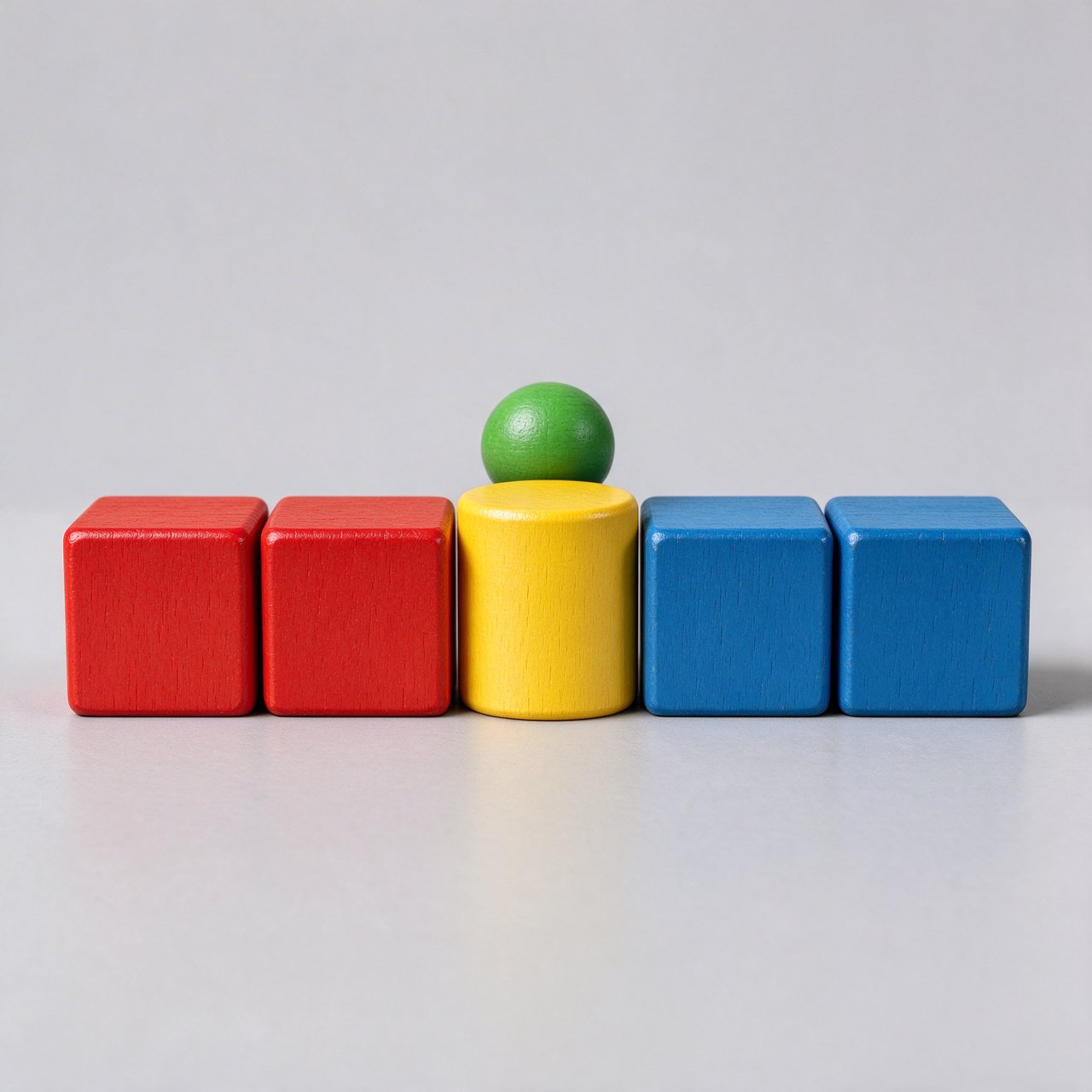 Exactly five wooden toy blocks sit on a pale gray table: two red cubes on the left, one yellow cylinder in the center, and two blue cubes on the right. A small green ball sits behind the cylinder, nothing else. — Seedream 5.0 Flash