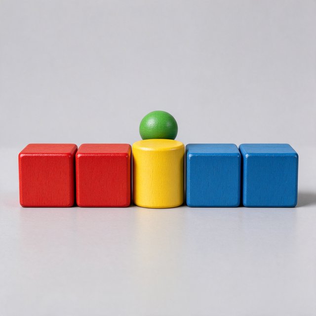 Exactly five wooden toy blocks sit on a pale gray table: two red cubes on the left, one yellow cylinder in the center, and two blue cubes on the right. A small green ball sits behind the cylinder, nothing else. — Seedream 5.0 Flash