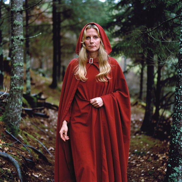 Medium shot at eye level: 1960s vintage film aesthetic. An adult woman with long, blonde hair walks alone through a dark forest. She wears a red hooded cloak, with the hood pulled up and fastened at the neck by a silver buckle. Photorealistic 1960s Technicolor film grain; soft, shallow depth of field. — FLUX 3 Image
