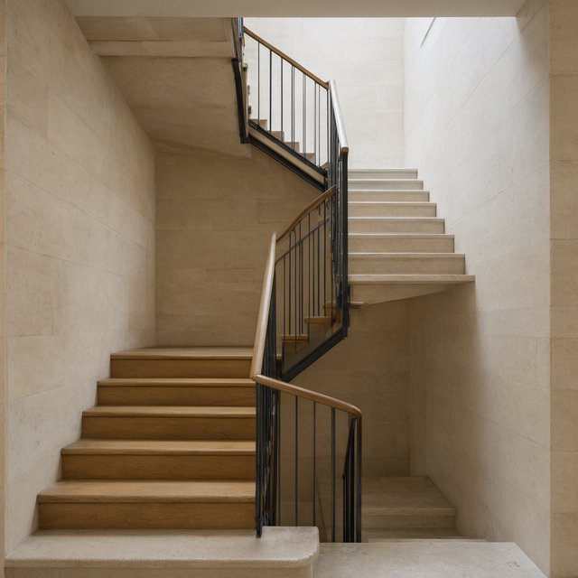Beneath a pale limestone stairwell, a restrained mid-century modern interior frames a straight oak stair with blackened-steel stringers and limestone landings; afternoon clerestory light, viewed from the upper landing, reveals credible connections and aligned geometry. — Qwen Image 3.0 Pro