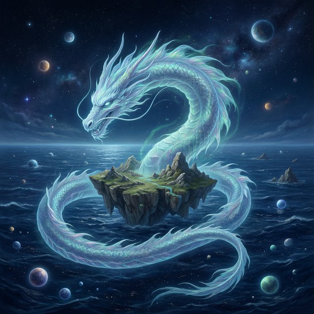 Whispers of mythic power coalesce into a spectral dragon, its form translucent and shimmering with auroral light, coiled around a floating island within a boundless celestial sea. Star-filled oceans stretch to the horizon, dotted with shimmering celestial bodies. The art style blends ethereal fantasy illustration with a subtle nod to ancient mythology, focusing on flowing lines and soft, glowing colors. The atmosphere is one of profound mystery and ancient magic. — Qwen Image 3.0 Pro