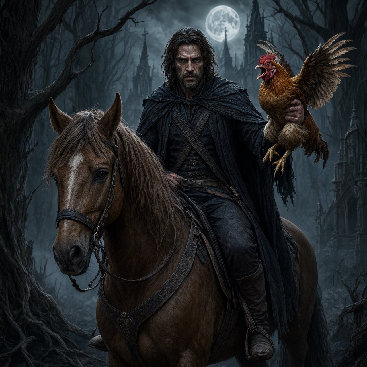 A man riding a horse, holding a screaming chicken, in dark gothic fantasy. — Qwen Image 3.0 Pro