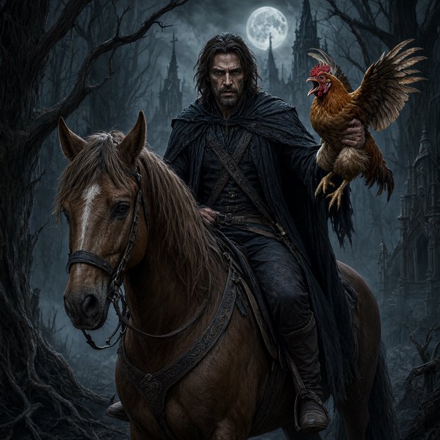 A man riding a horse, holding a screaming chicken, in dark gothic fantasy. — Model 17