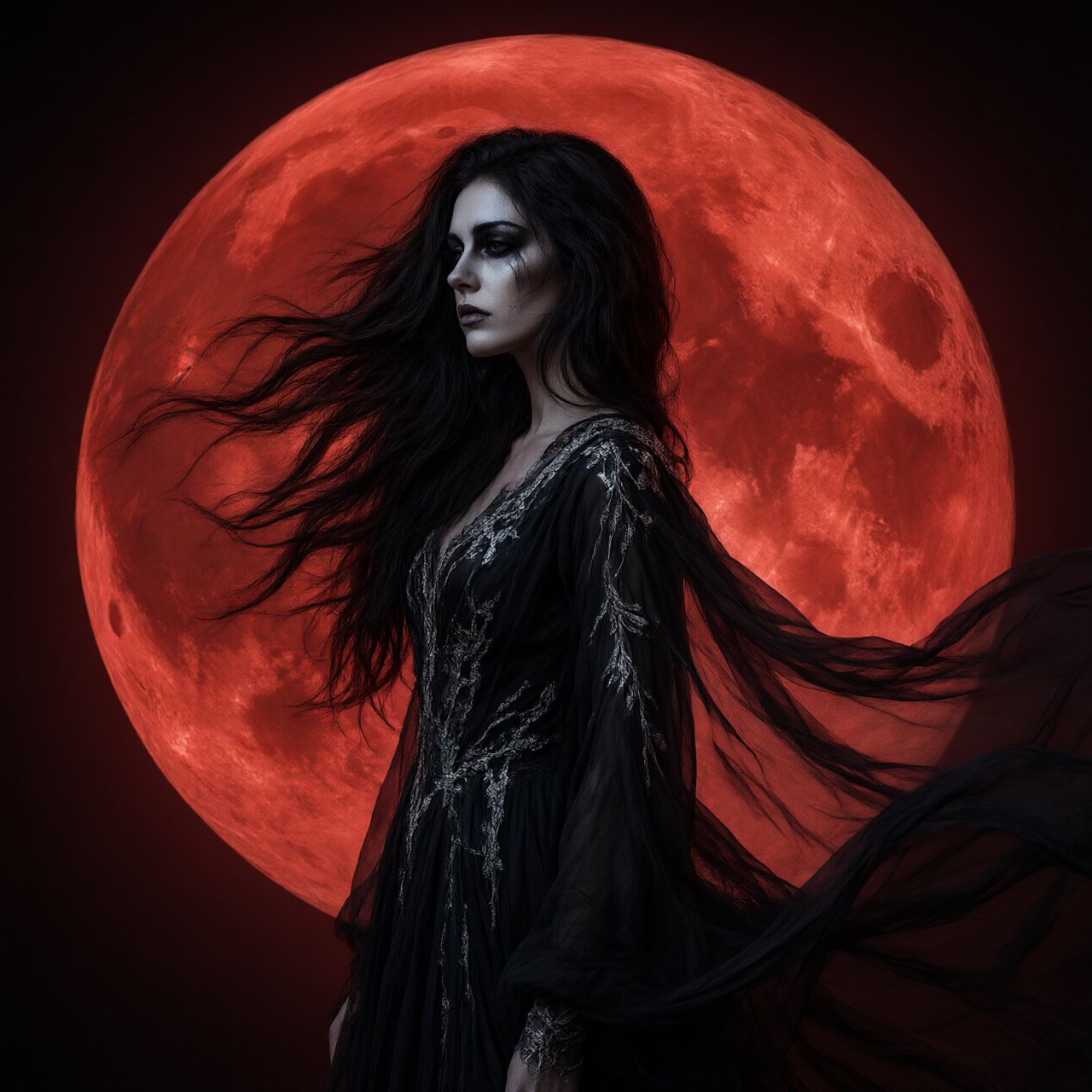Captivating gothic goddess silhouetted against a blood red moon. Long dark hair blowing in a gentle breeze. Dramatic make-up. Ethereal black garment with silver details billowing in the breeze. Pensive expression. — Qwen Image 3.0