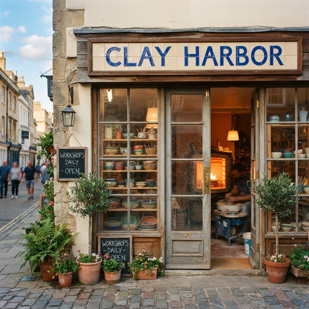 A sunlit ceramicist's studio storefront displays glazed bowls behind dusty glass doors; "CLAY HARBOR" is printed in cobalt-blue block letters across a cream tile transom above the entrance, with kiln warmth glowing inside. — Nano Banana 2 Lite