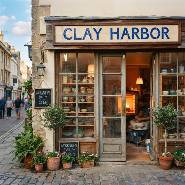 A sunlit ceramicist's studio storefront displays glazed bowls behind dusty glass doors; "CLAY HARBOR" is printed in cobalt-blue block letters across a cream tile transom above the entrance, with kiln warmth glowing inside. — Nano Banana 2 Lite