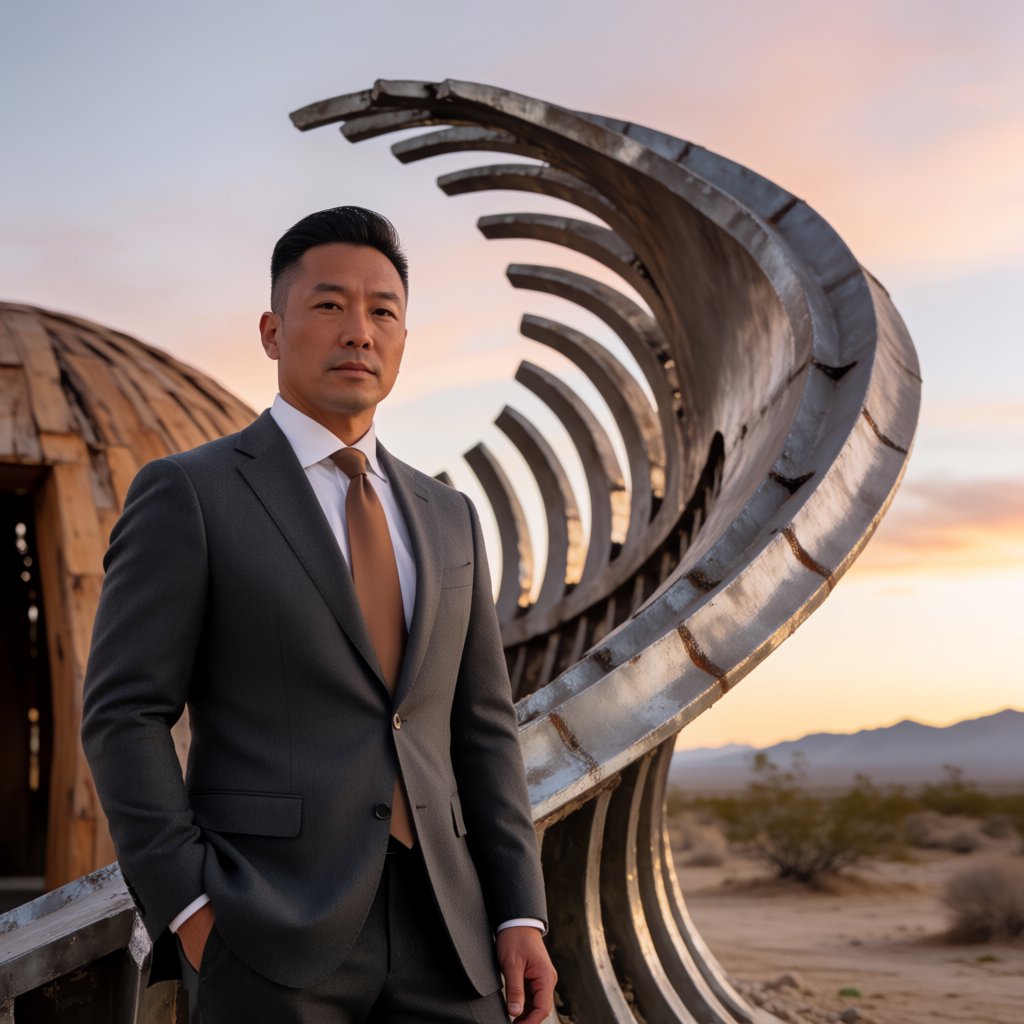 Editorial glamour photograph of an adult man in a charcoal evening suit with a muted copper tie, standing at ease beside a desert art installation, flattering sunset light warming the sculptural landscape, composed expression and refined magazine atmosphere. — Krea 2 Medium