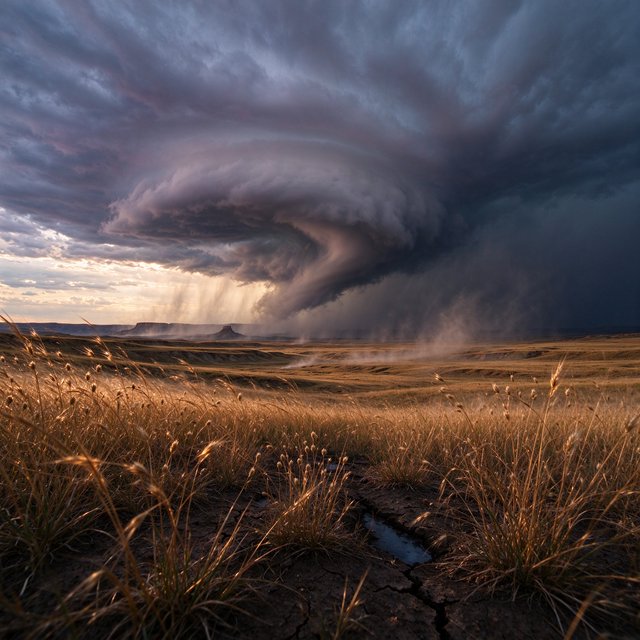 Across a tawny prairie basin, a rotating thunderstorm gathers in the late afternoon beneath bruised clouds, rain veiling distant buttes; seed heads and cracked earth in the foreground contrast with ridges softened by the advancing downpour. — Seedream 5.0 Flash