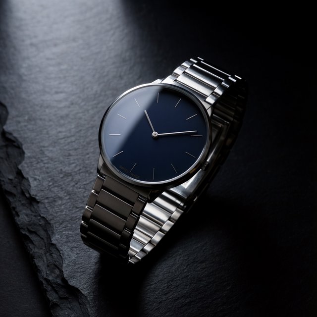 Product shot of a minimalist steel wristwatch with a navy dial on dark slate, single softbox from the upper left, subtle reflection. — Krea 2 Large