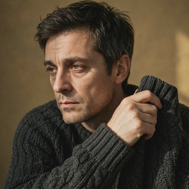 Editorial portrait of an adult man in his early 40s wearing a charcoal wool fisherman’s sweater, one hand loosely holding its ribbed cuff. His thoughtful, slightly tired expression rests against a muted ochre studio backdrop, shaped by gentle directional window light. — Muse Image 1.0
