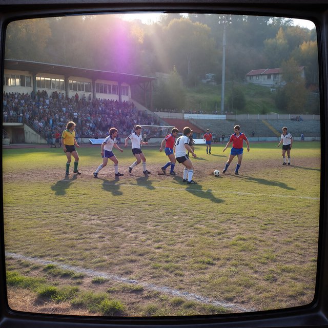 A stillshot from a Bulgarian football game, broadcast in the 1980s. — ImagineArt 1.5 Pro