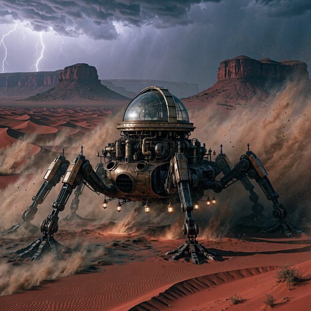 A colossal brass desert crawler carries an observatory dome across red dunes, its articulated legs striding through a sandstorm. Warm lamps glow beneath the hull while distant mesas fade into violet dusk and lightning illuminates the horizon. — Recraft v4 Pro