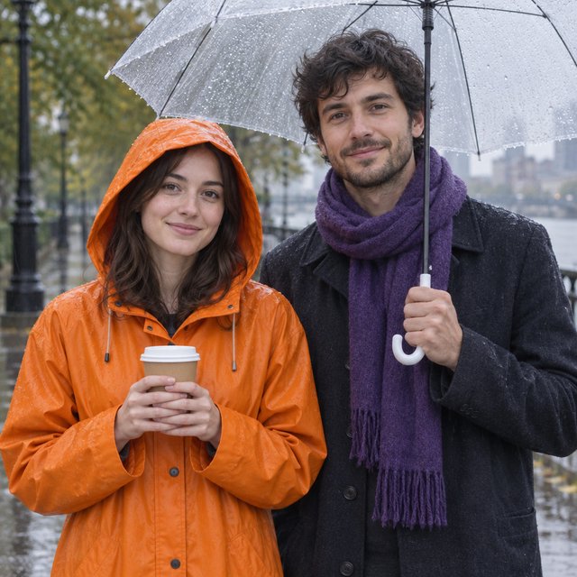 A man with a purple scarf holding a transparent umbrella, standing to the right of a woman in an orange raincoat who holds a paper cup, both facing the camera. — GPT Image 2.5 Flare