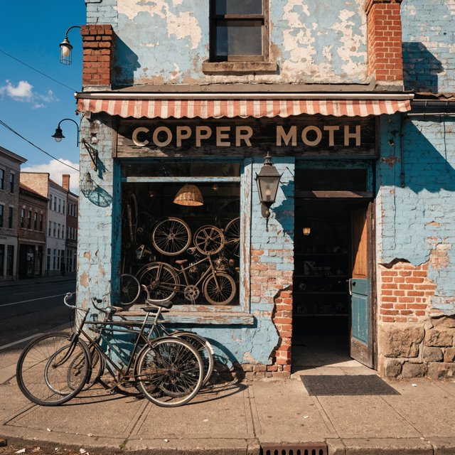 An old roadside bicycle workshop beneath a faded striped awning, rusted tools displayed in the window, with "COPPER MOTH" painted in cream block letters across the weathered wooden fascia, afternoon sunlight catching peeling turquoise paint. — Recraft v4