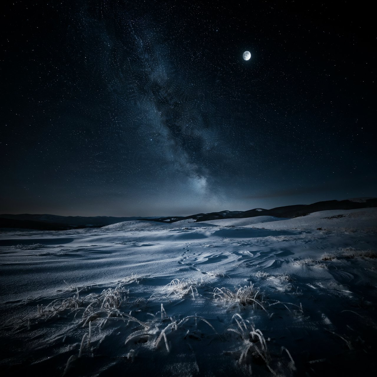 Moonlight washes a snowbound high plateau beneath sharp stars, while dry flurries cross the midnight air; frost feathers the foreground tussocks, and dark, rolling ridgelines recede into a blue-black distance. — Ideogram v4