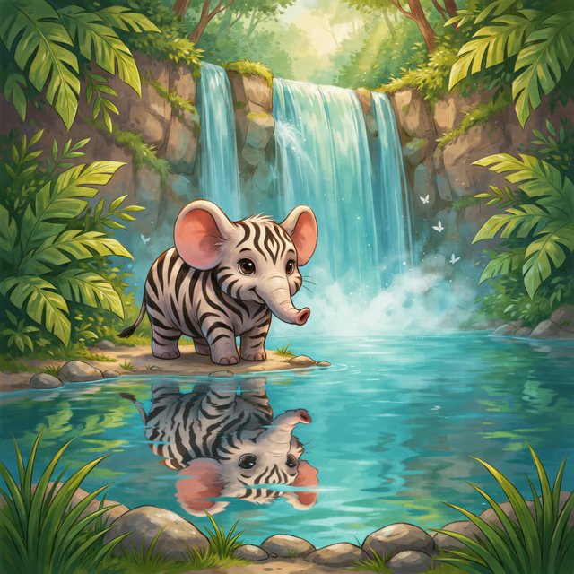 An adorable animal in a cartoon illustration, a cross between an elephant, a zebra, and a mouse. On the shore at the base of a magical waterfall flowing into a crystal-blue pond. Ripples create a wavy reflection in the water. — Ideogram v4
