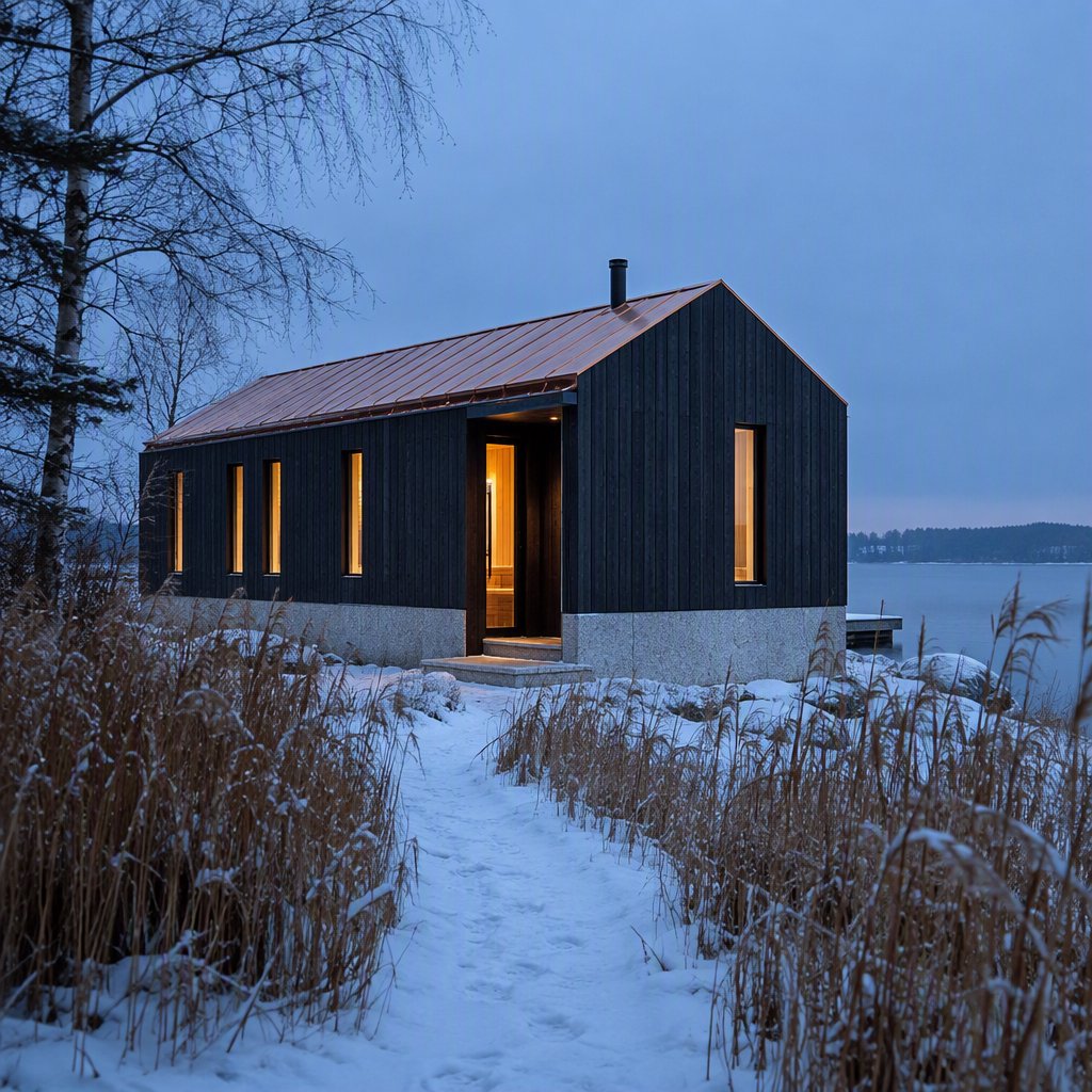 Exterior of a Scandinavian modernist lakeside sauna pavilion, blackened timber cladding, pale granite plinth, copper roof, winter blue-hour light glowing through narrow windows, viewed from a snowy reed-lined path, straight structural geometry and plausible construction. — GPT Image 2.5 Flare