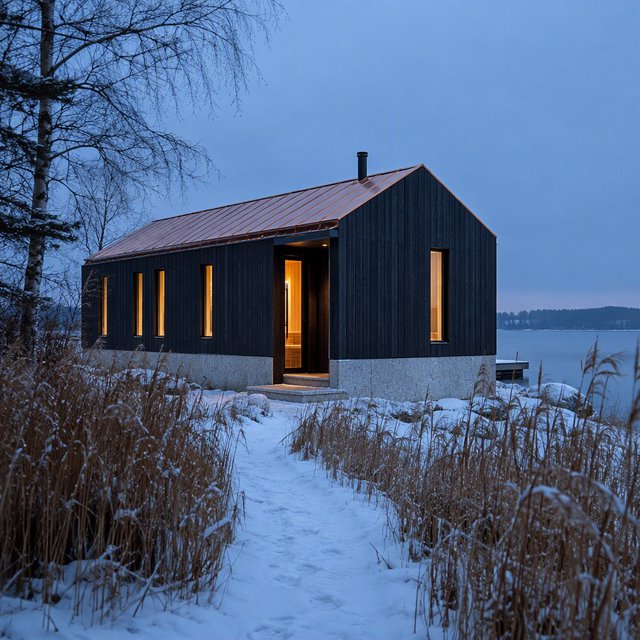 Exterior of a Scandinavian modernist lakeside sauna pavilion, blackened timber cladding, pale granite plinth, copper roof, winter blue-hour light glowing through narrow windows, viewed from a snowy reed-lined path, straight structural geometry and plausible construction. — GPT Image 2.5 Flare