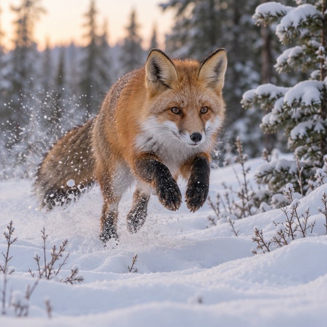 A red fox springs through powdery snow at the edge of a pine forest, ears forward and paws suspended. A real-world wildlife telephoto photograph in pale dawn light, 300mm lens, with snow crystals frozen midair. — Model 4