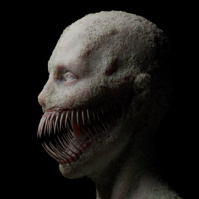 A creepy woman in side profile. Focus on the head with a slightly alien figure. Pale skin. No irises in the eyes. Mouth is open wide with very sharp, long razor teeth. Black background. Chiaroscuro effect. — Krea 2 Medium