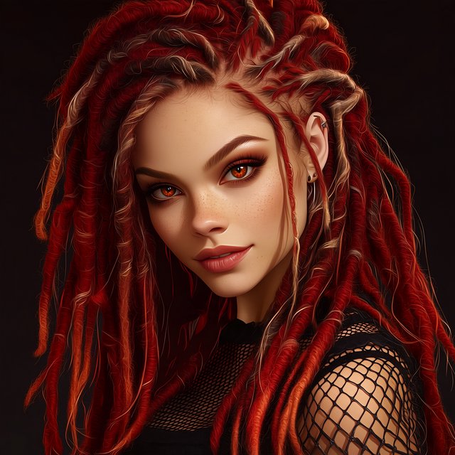 Fishnet grimdark fantasy. A suitable-for-TV-PG adult underworld agent with long crimson-red dreadlocked hair with flowing locks, ruby-red crystalline eyes, real skin pores, photographic rendering, and real material textures. No text. — Midjourney Niji 7