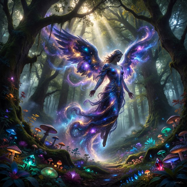 A lone angel with feathered wings, composed of swirling cosmic dust and nebulae, descends into a quiet, enchanted forest. Sunlight filters through the ancient canopy, illuminating wisps of mist and the vibrant, otherworldly plants below. The style is a fusion of hyper-detailed fantasy illustration and soft watercolor techniques, with the polished finish of concept art. — ImagineArt 1.5 Pro