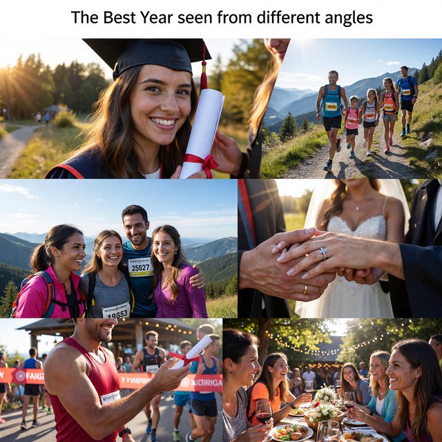 A realistic image where the theme is all about people having the best year ever. 4–6 moments seen from different angles. At the top it says, "The Best Year seen from different angles". — ImagineArt 1.5 Pro